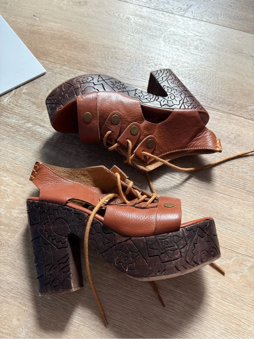 Free People Brown Cutout Platform Heels with Patterned Wood-Look Sole